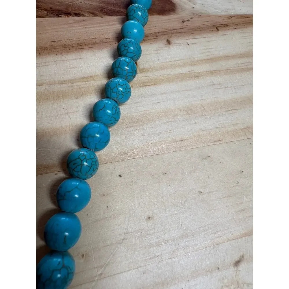 Turquoise Blue Howlite Beaded Necklace Round Stone Beads Boho Southwestern